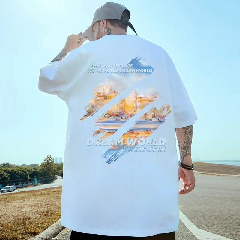 M-8XL 2024 Neu Malerei-Print Rundhals Kurzarm-T-Shirt für Damen und Herren Groß Locker Lässig Fünf-Viertel-Ärmel-Oberteil