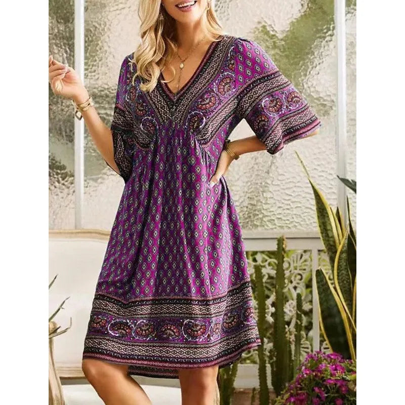 Autumn Women' Dress Summer V-neck Vintage Print Holiday Beach National Style Boho Midi Loose Dresses For Women Casual Vestidos