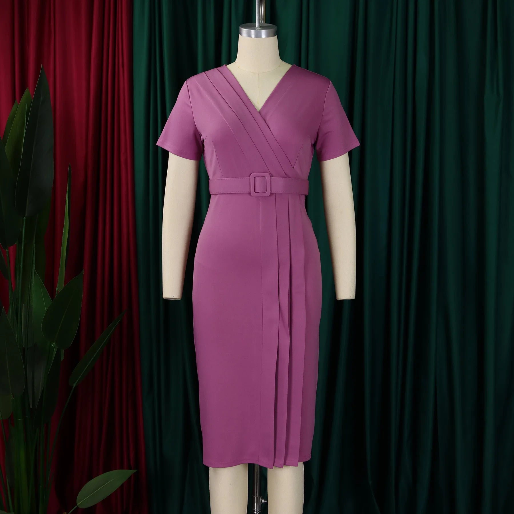 Summer New 2026 Women's Solid Color V-Neck Short Sleeve Dress Pencil Skirt Waist Tunle Material Fashionable Casual Maxi Dress