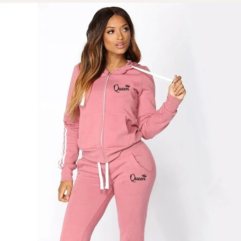 Autumn Winter Queen Printed Women Tracksuit Casual Hooded Sweatshirt 2 Pcs Set Sport Jogging Woman Pants Set Daily Home Clothing
