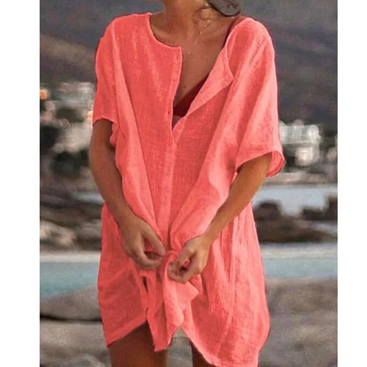 Damen Baumwolle Leinen Lange Bluse Sommer Kurzarm Einfarbige Knopfleiste Bluse Freizeitshirt Vintage Oversized S-8XL FYY1071