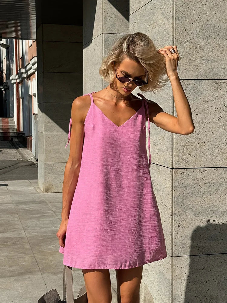 Ahagaga Fashion Damenkleider, einfarbig, Träger, Bandage, normal, lässig, V-Ausschnitt, ärmellos, Sommer-Camisole, locker, süß, weiblich, Vestido