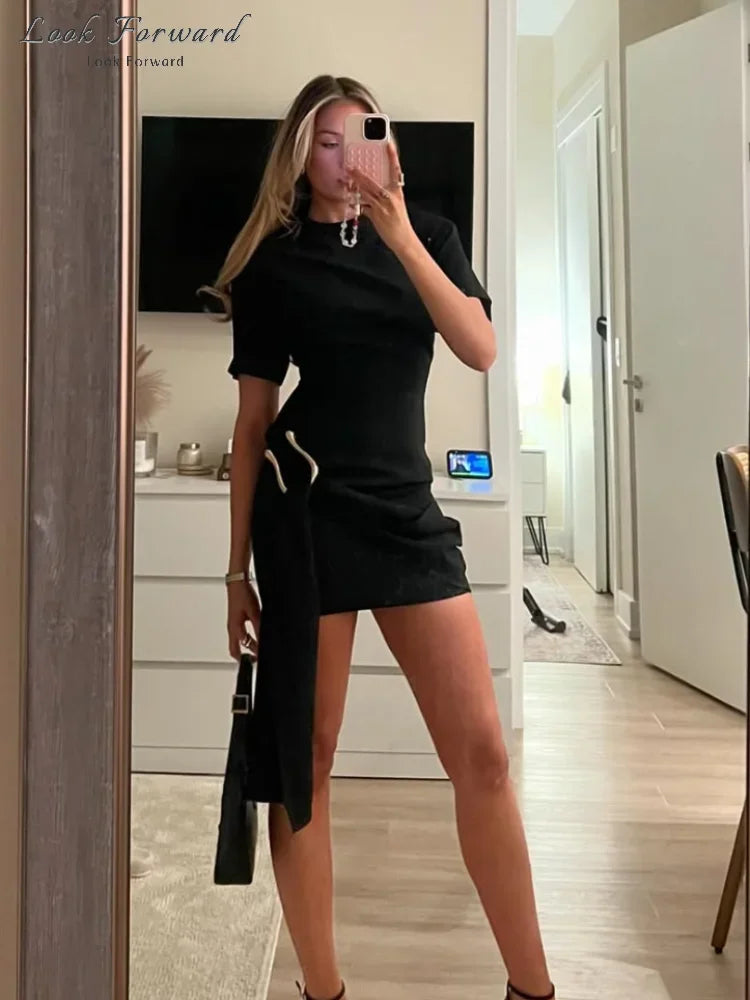 Elegantes Minikleid Damen Schleifen Schmal O-Ausschnitt Kurzarm Über dem Knie Kleider Weiblich Frühling Sommer Partykleid Lady High Street