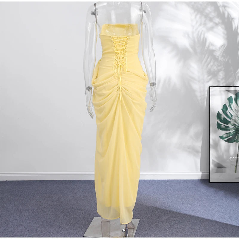 Sexy Solid Pleated Strapless Dress Lady Chic Off-shoulder Backless High Waist Split Dresses Women 2026 New Evening Party Gown