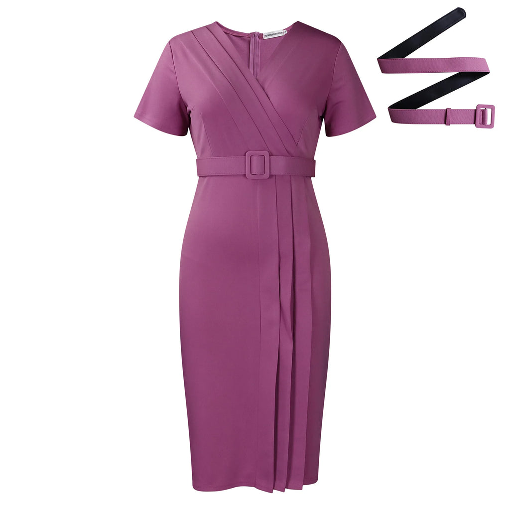 Summer New 2026 Women's Solid Color V-Neck Short Sleeve Dress Pencil Skirt Waist Tunle Material Fashionable Casual Maxi Dress