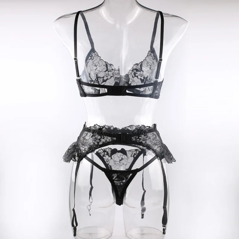 Black Bow Embroidery See-Through Woman Lingerie 3Pcs Sexy Romantic Female Bra And Panty Garters Sets Exotic Onlyfans Kit
