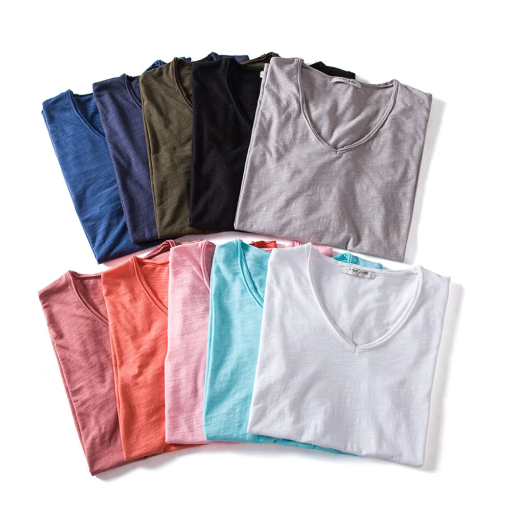 Brand Quality 100% Baumwolle Herren T-Shirt V-Ausschnitt Fashion Design Slim Fit Uni T-Shirts Herren Oberteile Kurzarm T-Shirt Für Herren