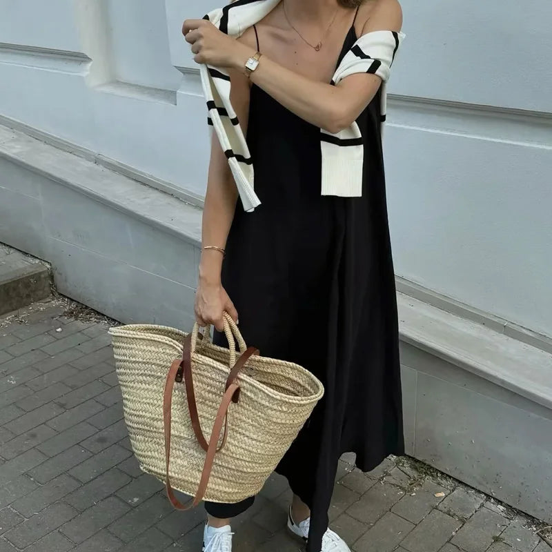 HXAO Slipkleid Damen 2024 Sommer Damen Loose Kleider Ärmellose dünne Träger Schwarze lange Kleider Rückenfreie Strandurlaubskleider