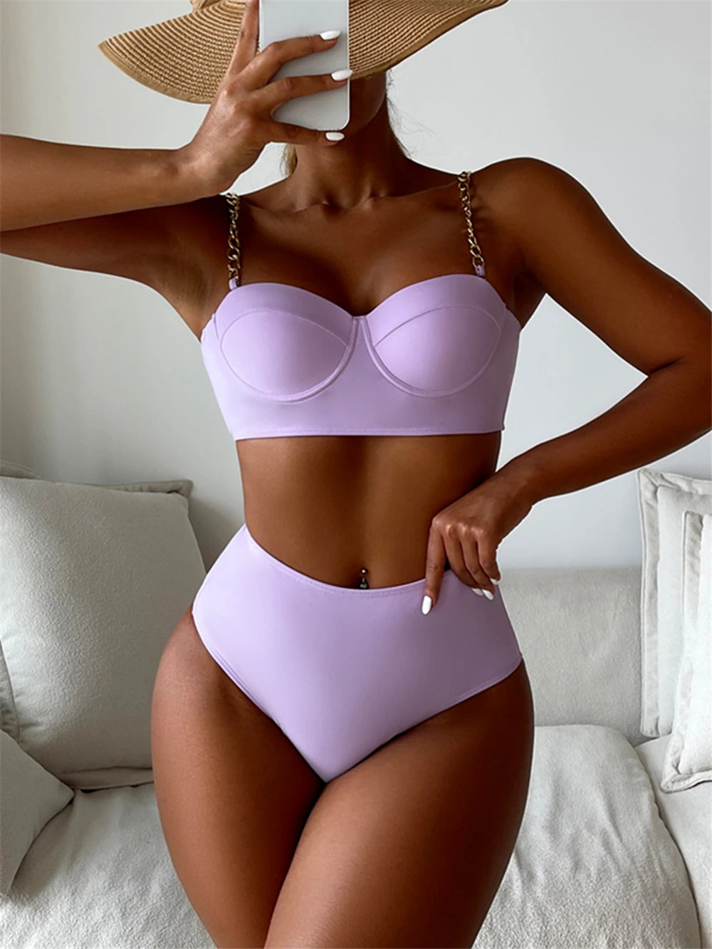 Kettenriemen-Bikinis 2026 Damen einfarbiger Push-up-Badeanzug High Waist Bademode weiblich sexy Badeanzug Schwimmen Sommer Strandmode