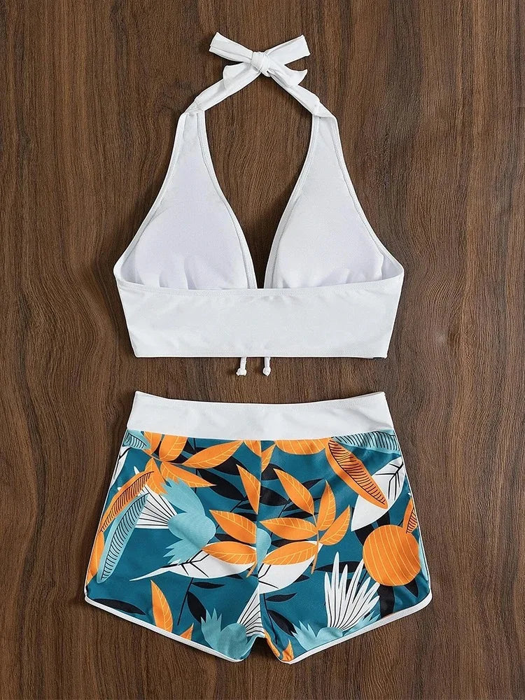Europa und die Vereinigten Staaten Badeanzug Damen Print Nacken konservativ flacher Winkel hohe Taille Split flacher Winkel Bikini hohe Taille