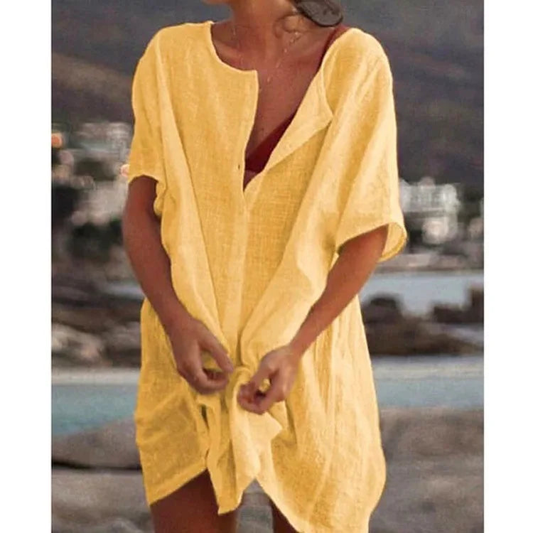 Damen Baumwolle Leinen Lange Bluse Sommer Kurzarm Einfarbige Knopfleiste Bluse Freizeitshirt Vintage Oversized S-8XL FYY1071