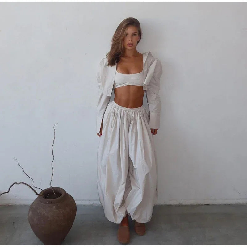 Women Low-rise Lantern Pants 3-piece Set Casual Striped Sleeveless Vest Long Sleeve Lapel Shirt Sets 2026 Lady Street Outfits