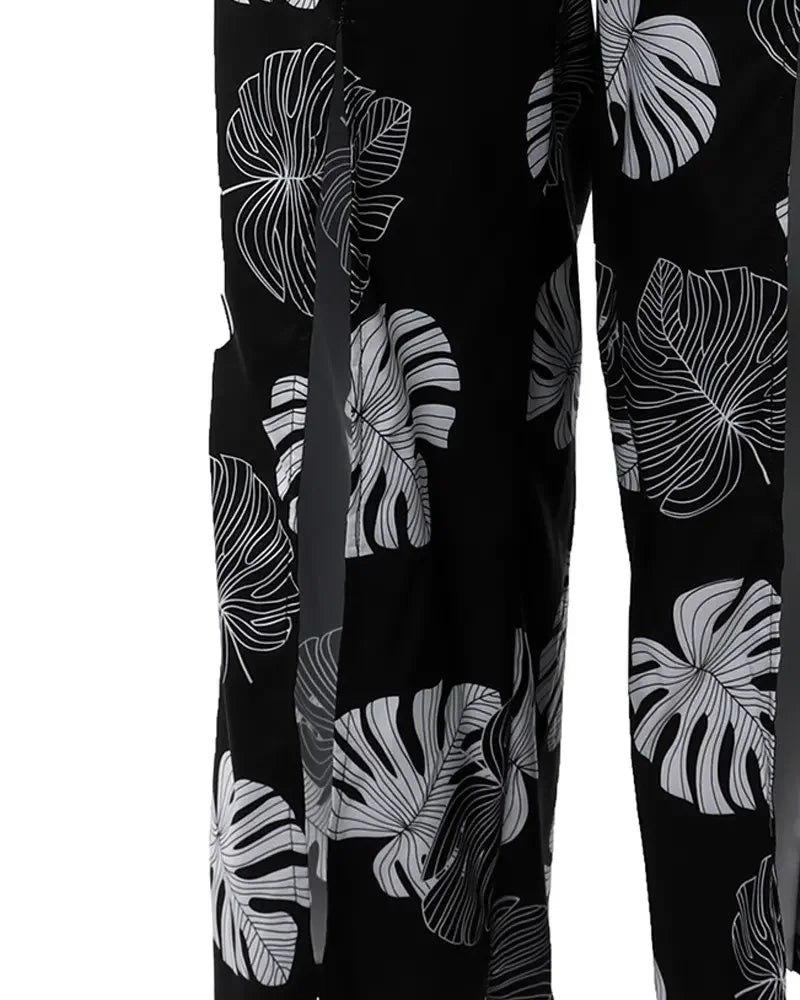 Damen Sommeranzug, einfarbiges bauchfreies Tanktop und weite Hose mit tropischem Print und Schlitz