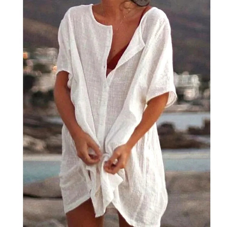 Damen Baumwolle Leinen Lange Bluse Sommer Kurzarm Einfarbige Knopfleiste Bluse Freizeitshirt Vintage Oversized S-8XL FYY1071