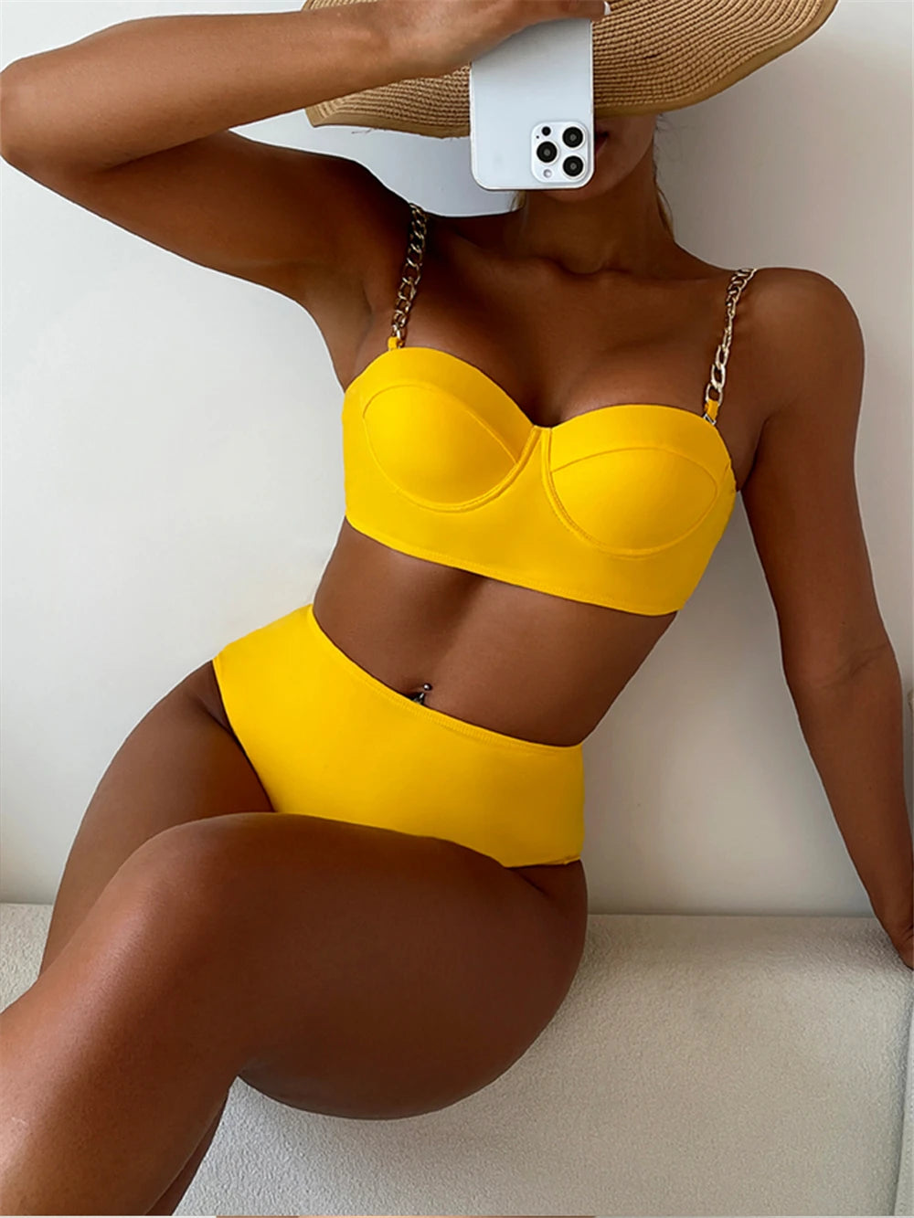 Kettenriemen-Bikinis 2026 Damen einfarbiger Push-up-Badeanzug High Waist Bademode weiblich sexy Badeanzug Schwimmen Sommer Strandmode