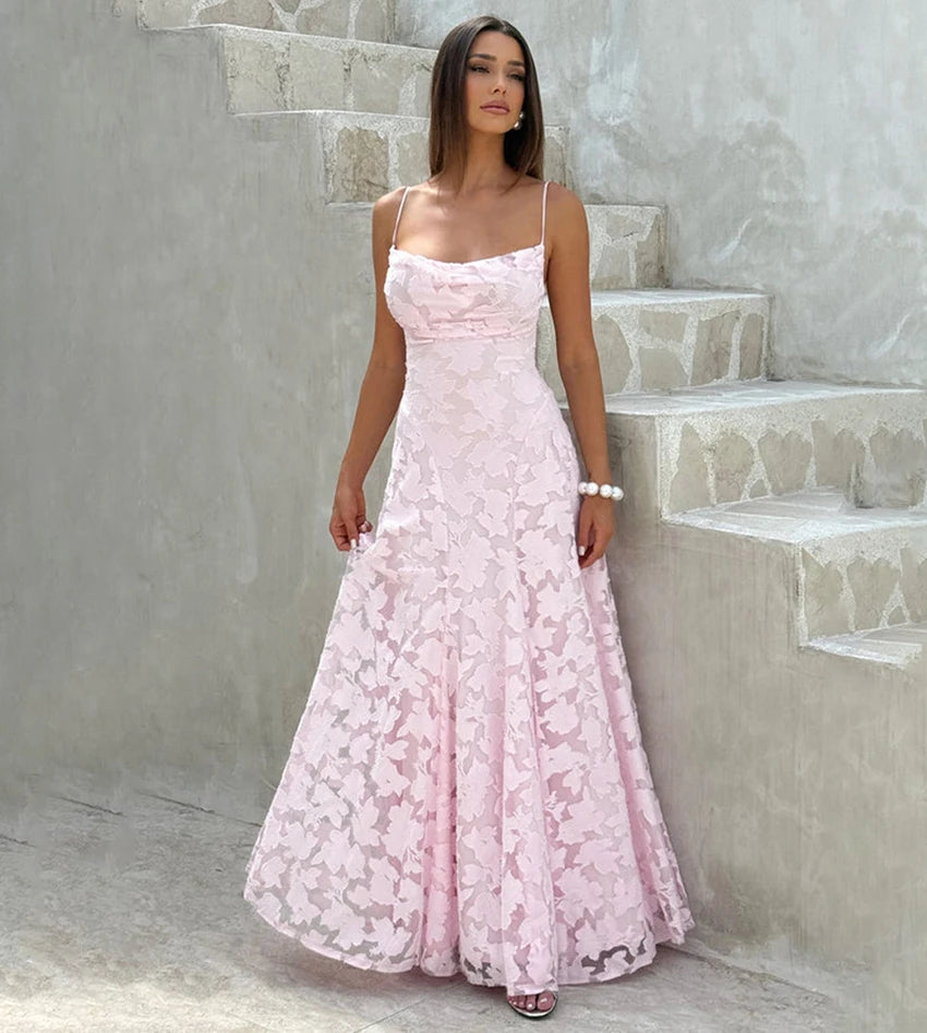 2026 Blumengesticktes Maxikleid für Damen, Sommerparty, Ballkleider, sexy rückenfreie Trägerkleider im französischen Stil, Abendkleid