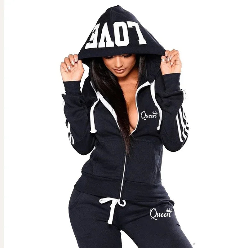 Autumn Winter Queen Printed Women Tracksuit Casual Hooded Sweatshirt 2 Pcs Set Sport Jogging Woman Pants Set Daily Home Clothing