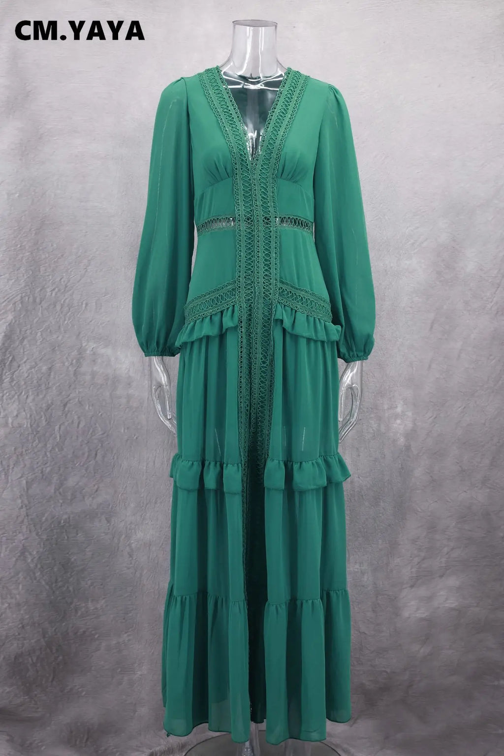 CM.YAYA Damen V-Ausschnitt Langarm Rüschen Spitze Langes Maxi-Kleid 2025 Frühling Strand Urlaub Party Sexy Street Vestidos Sexy Kleider