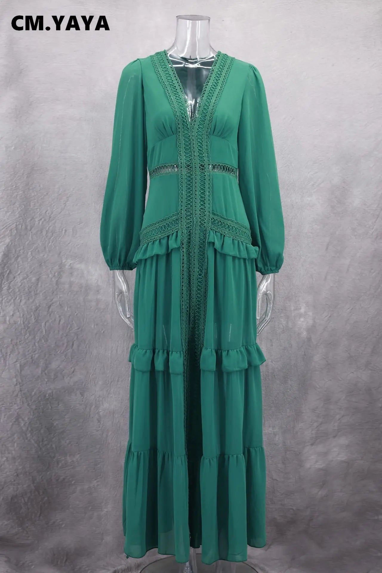 CM.YAYA Damen V-Ausschnitt Langarm Rüschen Spitze Langes Maxi-Kleid 2025 Frühling Strand Urlaub Party Sexy Street Vestidos Sexy Kleider