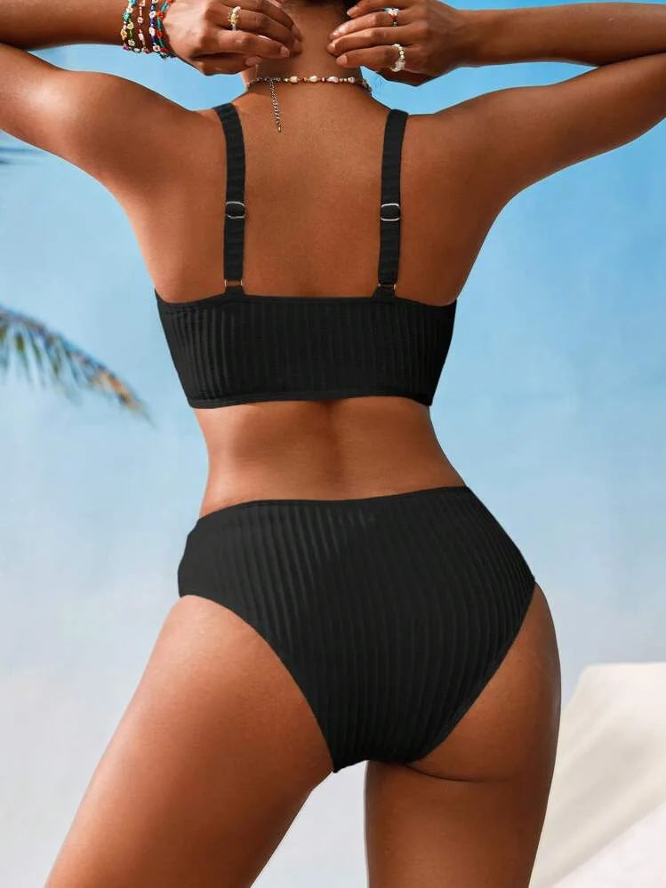 Sexy High Waist Bikini Set 2025 Damen V-Ausschnitt Gerippter Push-Up Zweiteiliger Badeanzug Sommer Bademode Urlaubs-Bademode Biquini