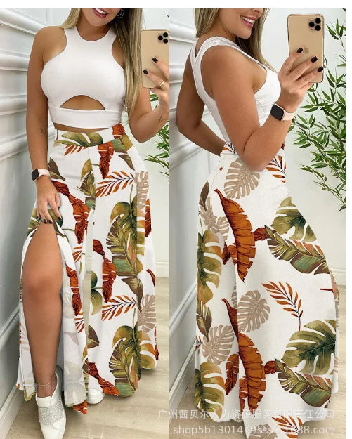 Damen Sommeranzug, einfarbiges bauchfreies Tanktop und weite Hose mit tropischem Print und Schlitz