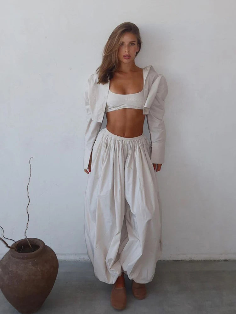 Women Low-rise Lantern Pants 3-piece Set Casual Striped Sleeveless Vest Long Sleeve Lapel Shirt Sets 2026 Lady Street Outfits
