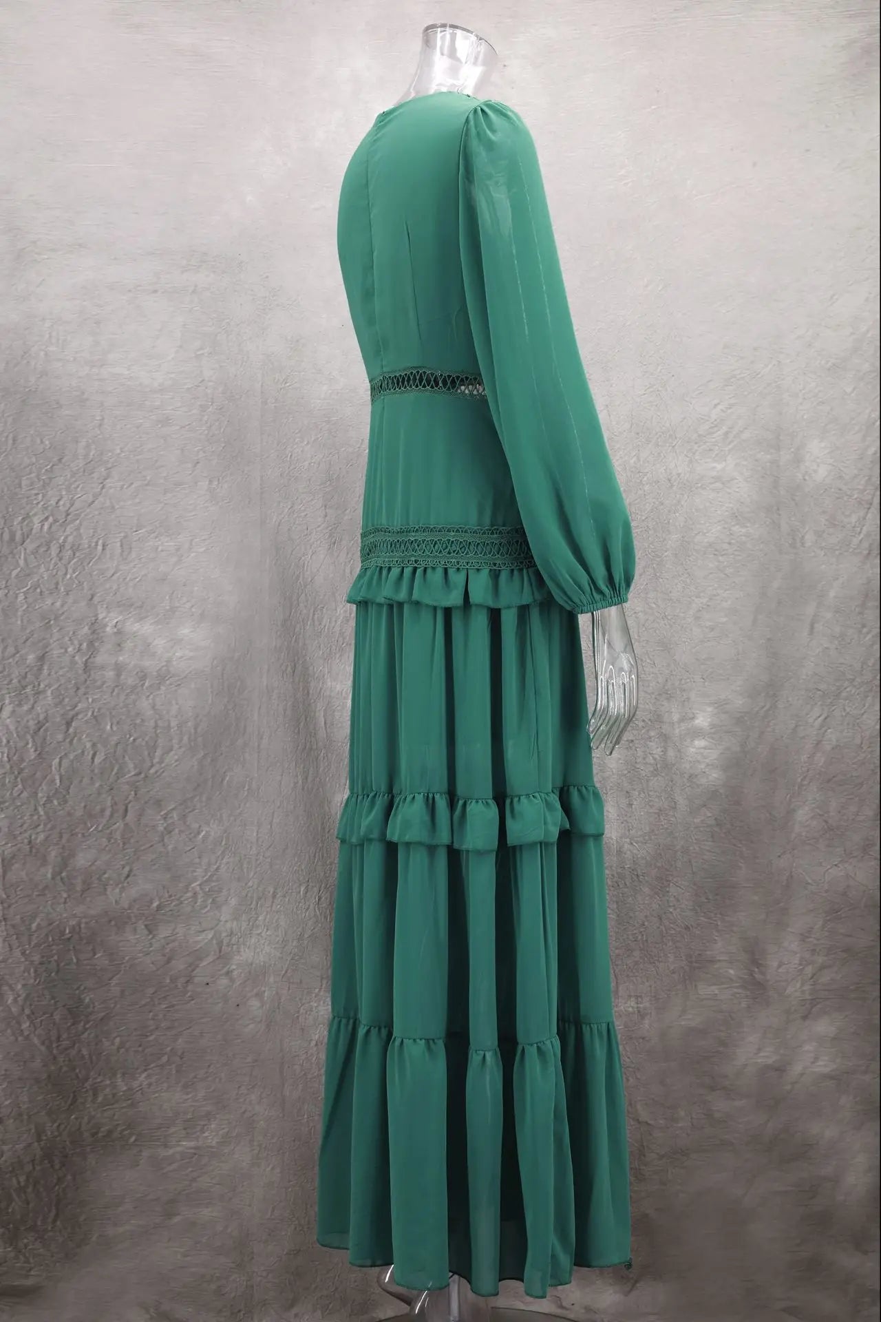 CM.YAYA Damen V-Ausschnitt Langarm Rüschen Spitze Langes Maxi-Kleid 2025 Frühling Strand Urlaub Party Sexy Street Vestidos Sexy Kleider