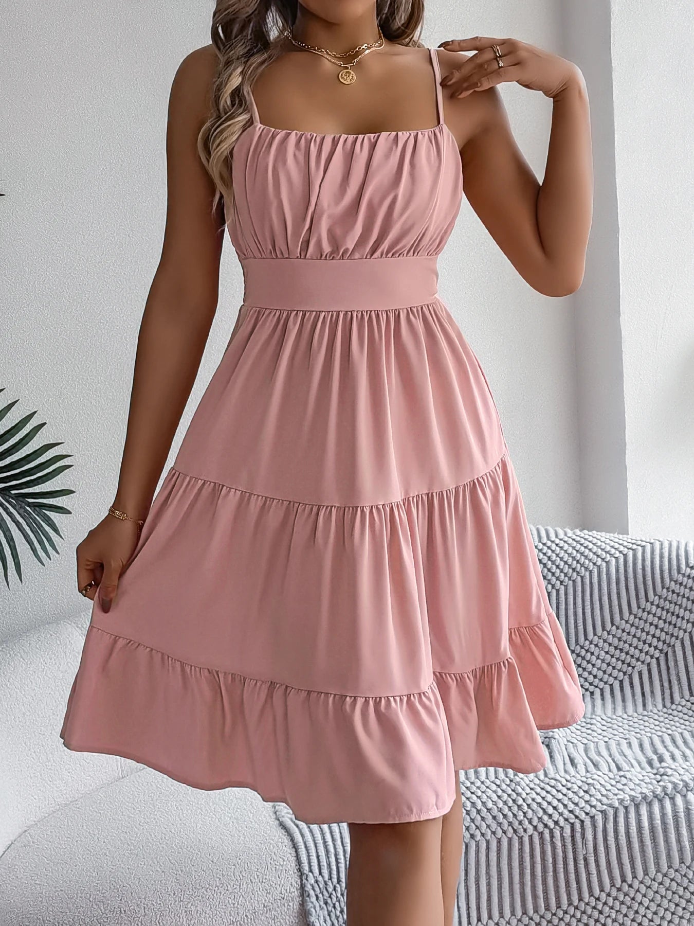 Lässiges Rüschen-Trägerkleid für den Urlaub, Frühling Sommer Damen Einfarbige Kleider für den Valentinstag 2026 Damenbekleidung Rosa Blau