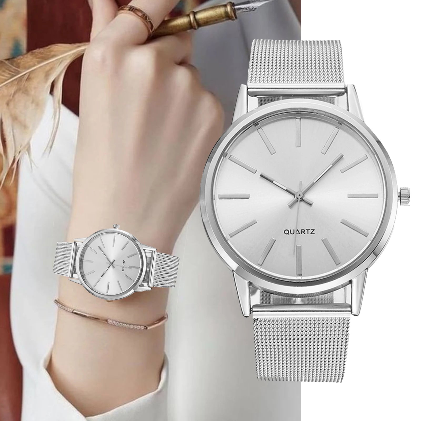 Luxus Damenuhren 2025 Neue stilvolle silberne minimalistische Business Damen Quarzuhren atmungsaktives Leder Stahl Uhr Reloj Mujer