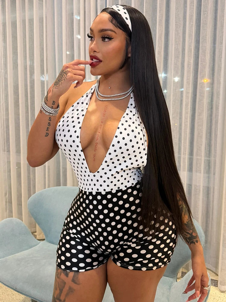 Weird Puss Halter Backless Playsuit Woman Polka Dots Print Patchwork Skinny 2026 Summer Trend Street Sexy Skinny Stretch Rompers