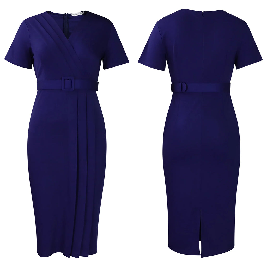 Summer New 2026 Women's Solid Color V-Neck Short Sleeve Dress Pencil Skirt Waist Tunle Material Fashionable Casual Maxi Dress