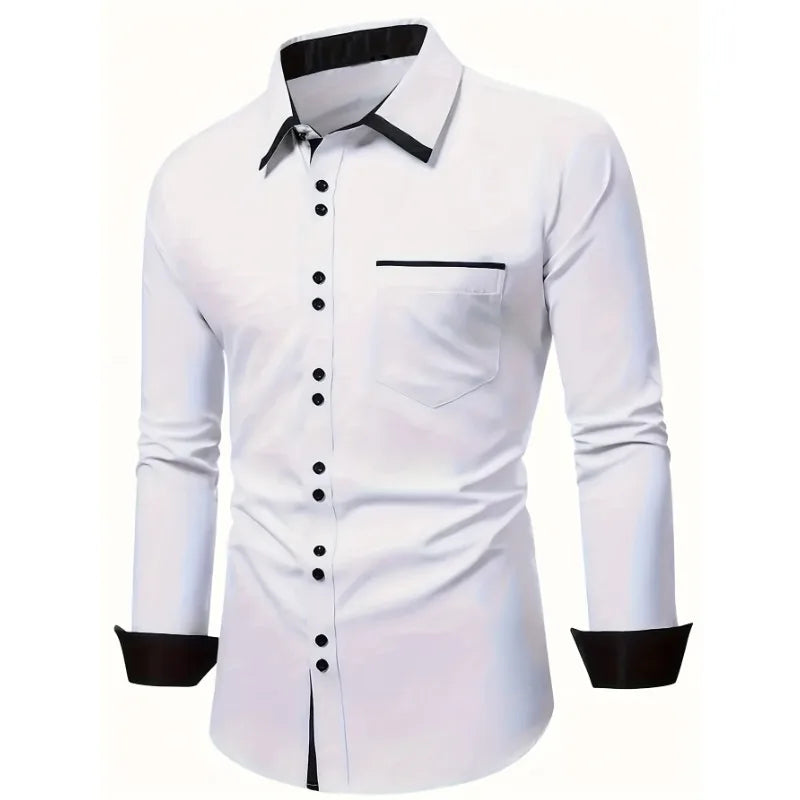 FGKKS Herren Weißes Hemd Brandneue Herrenmode Patchwork Langarm Elastisches Hemd Vier Jahreszeiten Herren Freizeithemden