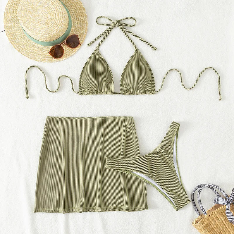 3-teiliger gerippter Bikini 2026, Neckholder-Triangel-Bikini & Rock, Bademode, Damen-Badeanzug, weibliche Strandmode