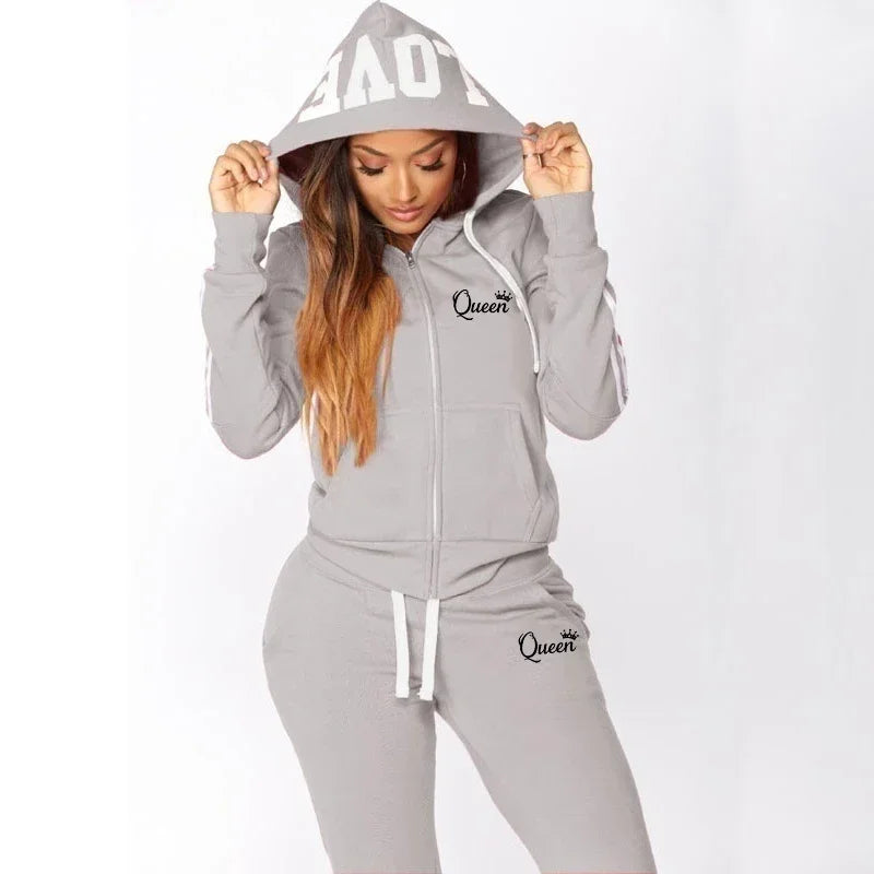 Autumn Winter Queen Printed Women Tracksuit Casual Hooded Sweatshirt 2 Pcs Set Sport Jogging Woman Pants Set Daily Home Clothing