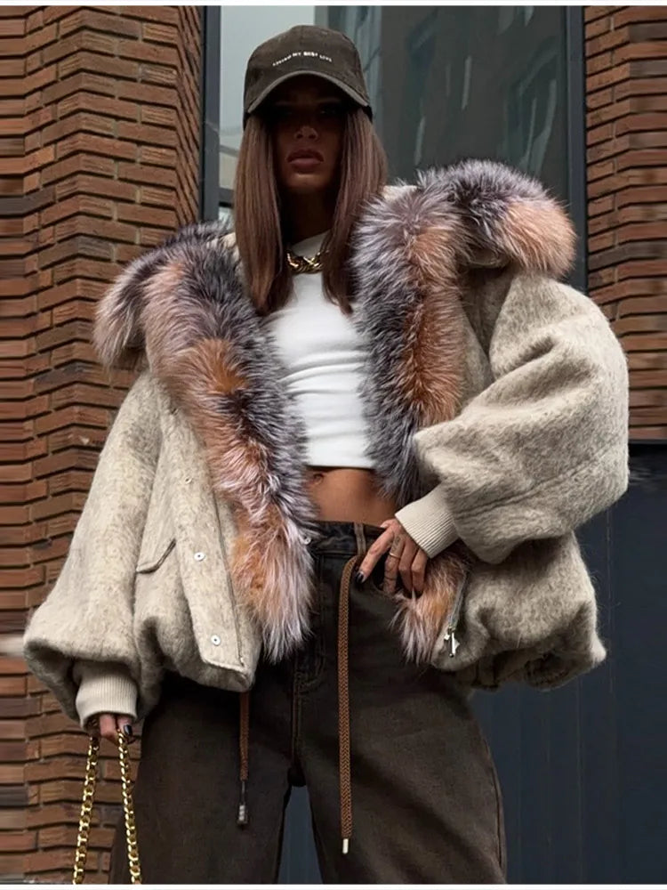 Vintage Thicken Faux Fur Woolen Jacket Women Fashion Hooded Pocket Lantern Sleeve Elastic Waist Coat Winter Female Daily Outwear