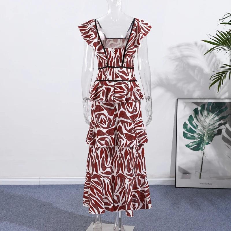 Bedrucktes Cascading Ruffles Damen Maxikleid Quadratischer Ausschnitt Kurzarm Damenkleider 2026 Mode Hohe Taille A-Linie Damen Robe