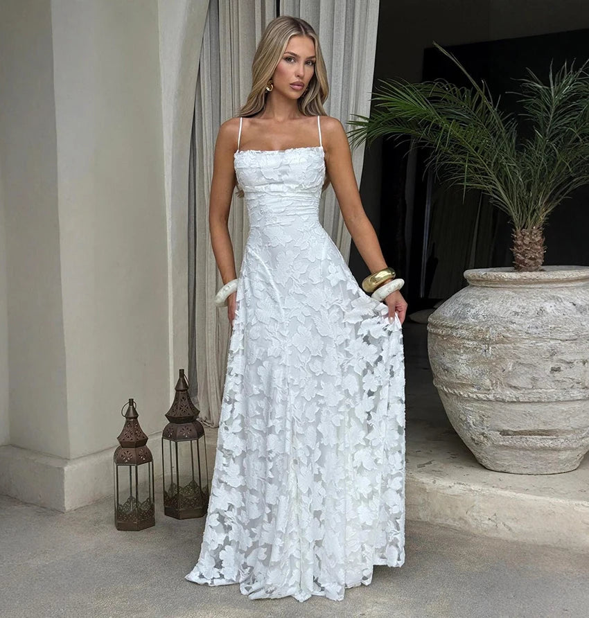2026 Blumengesticktes Maxikleid für Damen, Sommerparty, Ballkleider, sexy rückenfreie Trägerkleider im französischen Stil, Abendkleid