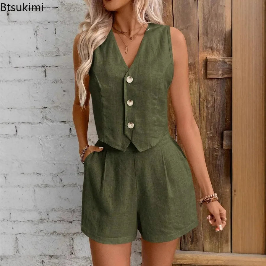 2026 Women's Solid Casual Two Piece Sets Fashion Sexy V-neck Sleeveless Vest Tops and Shorts Suit Women Summer Cotton Linen Sets