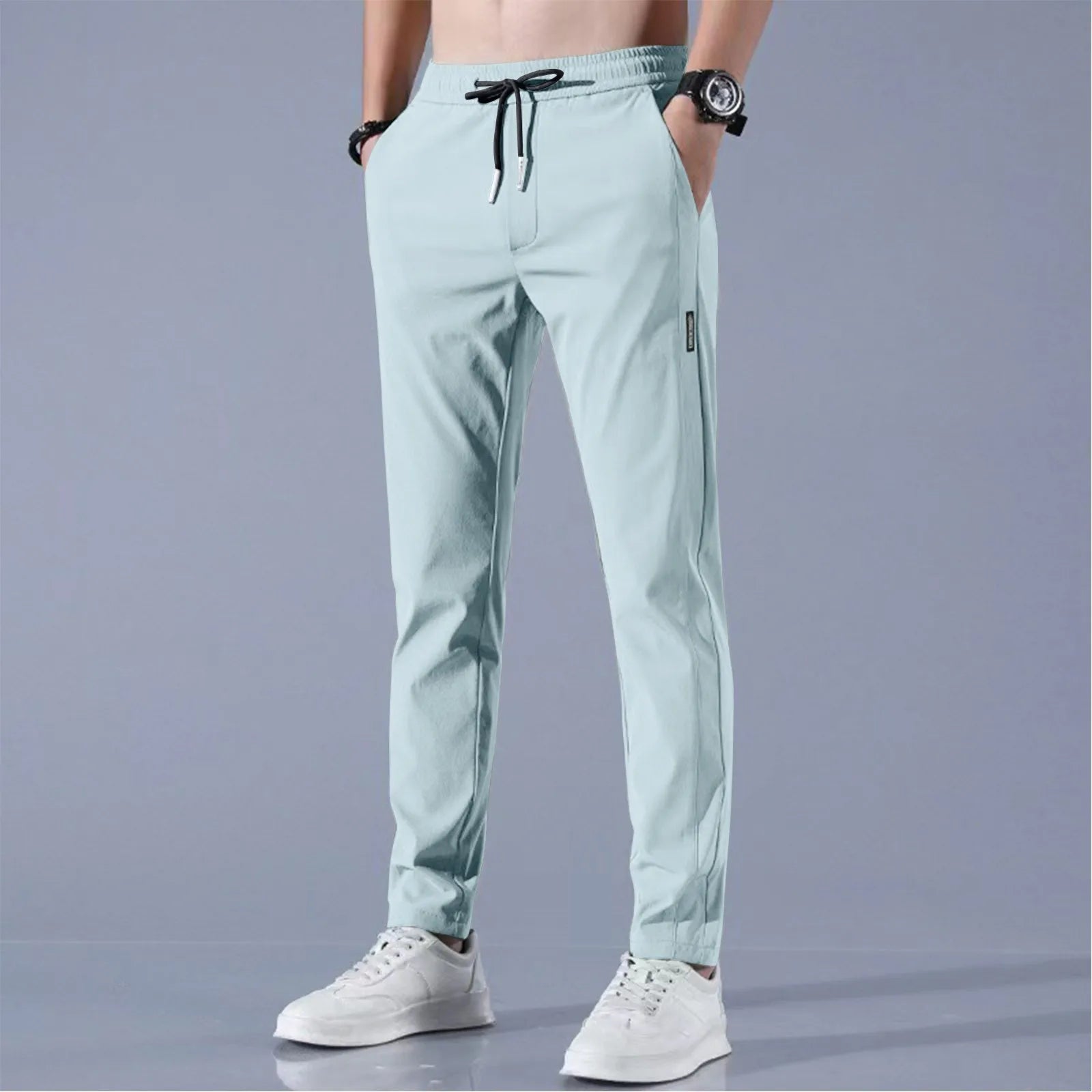 Herren Fast Dry Stretchhose Eisseidehose Einfarbig Mittlere Taille Locker Atmungsaktive Straight-Leg Freizeithose Dünne Sporthose