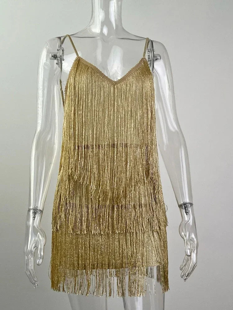 Leosoxs Damen sexy tiefes V-Ausschnitt Spaghettiträger Fransen Bodycon Minikleid Quasten rückenfrei Gatsby Cocktail Club Partykleider