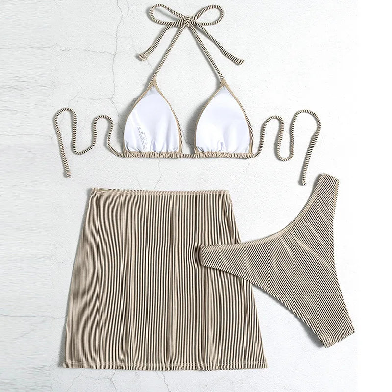 3-teiliger gerippter Bikini 2026, Neckholder-Triangel-Bikini & Rock, Bademode, Damen-Badeanzug, weibliche Strandmode