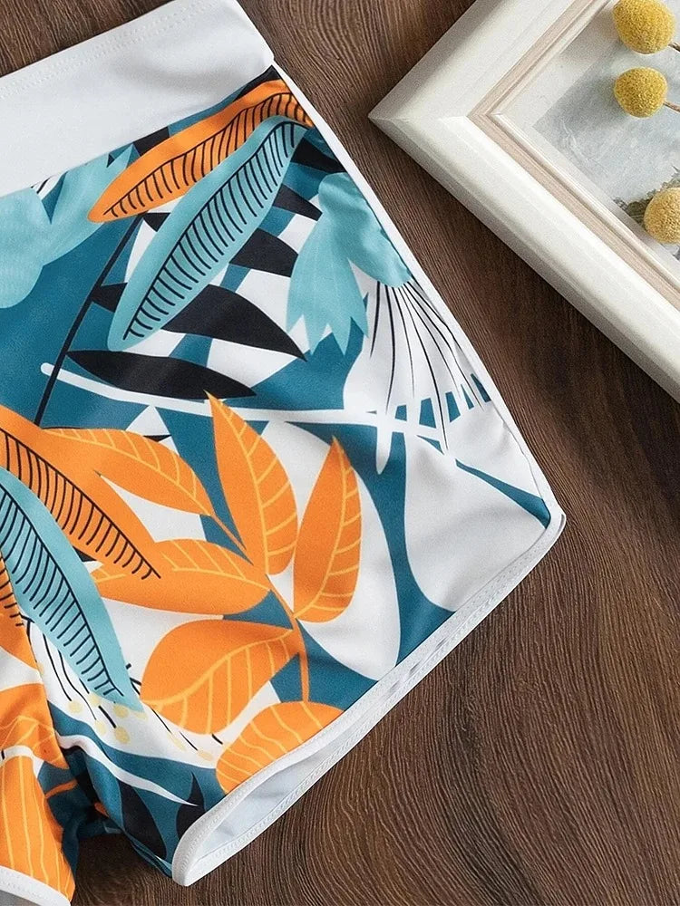 Europa und die Vereinigten Staaten Badeanzug Damen Print Nacken konservativ flacher Winkel hohe Taille Split flacher Winkel Bikini hohe Taille