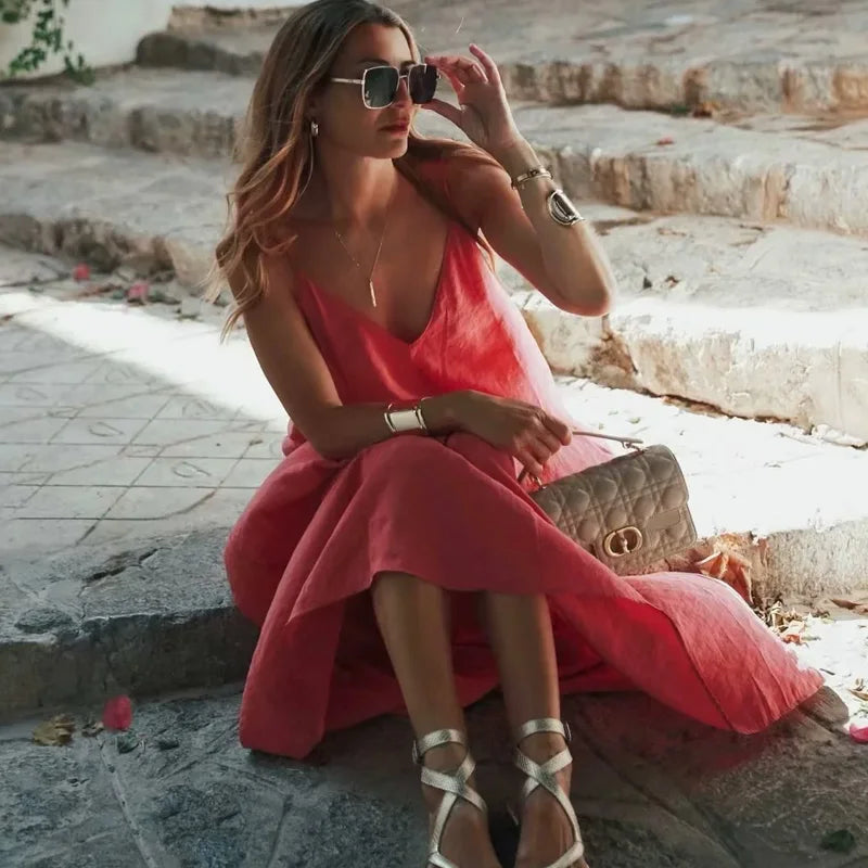 HXAO Slipkleid Damen 2024 Sommer Damen Loose Kleider Ärmellose dünne Träger Schwarze lange Kleider Rückenfreie Strandurlaubskleider
