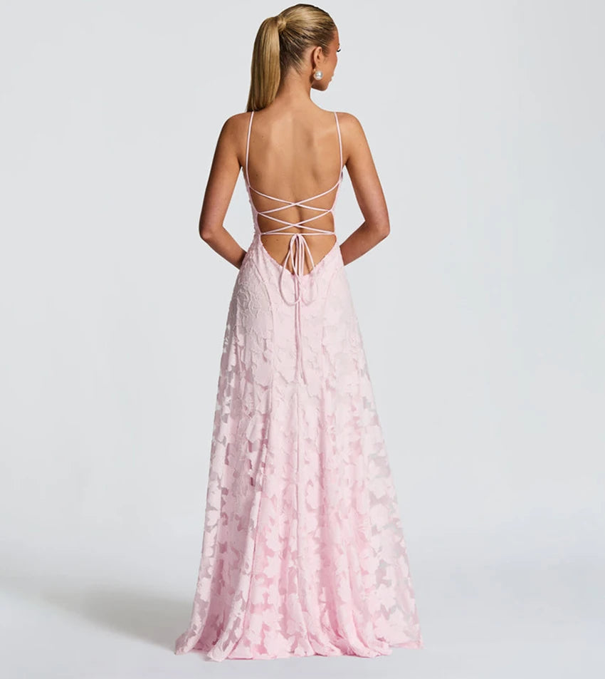 2026 Blumengesticktes Maxikleid für Damen, Sommerparty, Ballkleider, sexy rückenfreie Trägerkleider im französischen Stil, Abendkleid