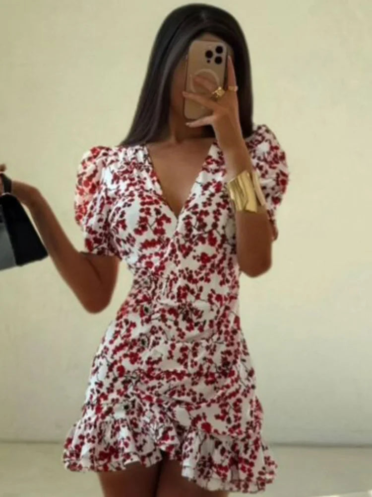 Chic Ruffle Print Slim Short Dress Women Chic Patchwork Flared sleeves V-neck Pleated Dresses 2026 Lady Summer Casual Vestido