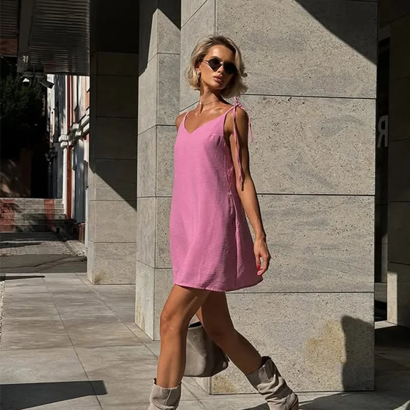 Ahagaga Fashion Damenkleider, einfarbig, Träger, Bandage, normal, lässig, V-Ausschnitt, ärmellos, Sommer-Camisole, locker, süß, weiblich, Vestido
