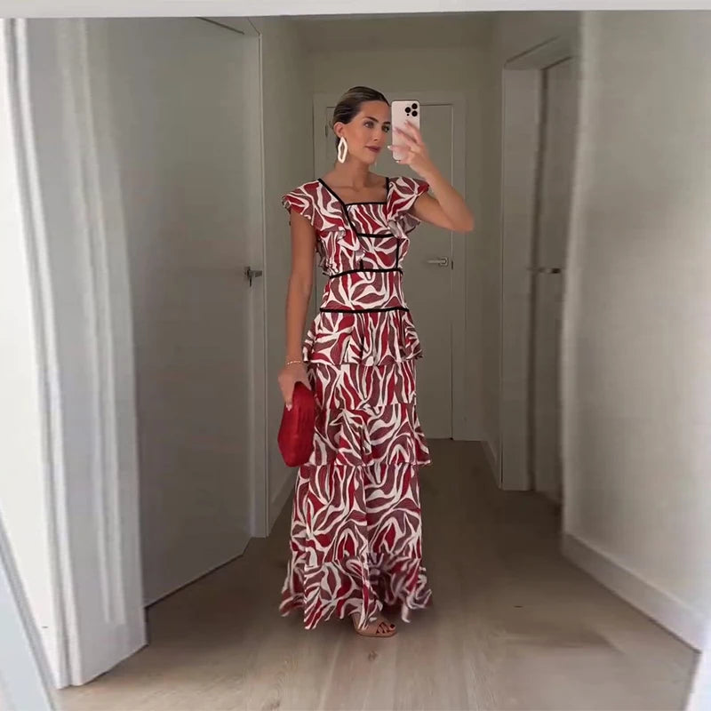 Bedrucktes Cascading Ruffles Damen Maxikleid Quadratischer Ausschnitt Kurzarm Damenkleider 2026 Mode Hohe Taille A-Linie Damen Robe