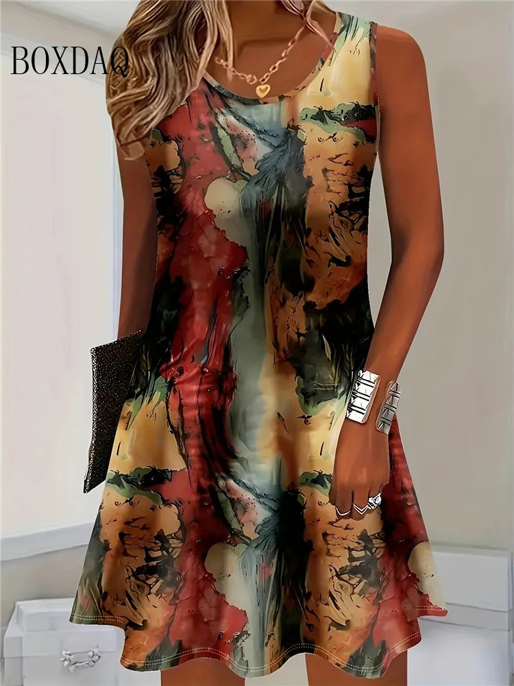 2025 Damen Sommer Ärmelloses Bohemian-Kleid Mode Imitation Cowboy-Weste Blumen Print Kleid Lässiges Tank-Strandkleid für Damen