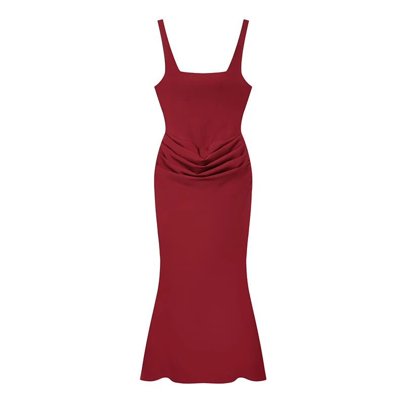 Sexy Solid Pleated Strapless Dress Lady Chic Off-shoulder Backless High Waist Split Dresses Women 2026 New Evening Party Gown