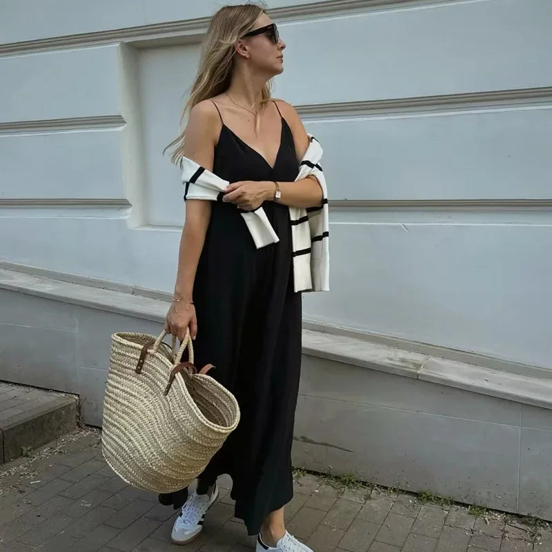 HXAO Slipkleid Damen 2024 Sommer Damen Loose Kleider Ärmellose dünne Träger Schwarze lange Kleider Rückenfreie Strandurlaubskleider
